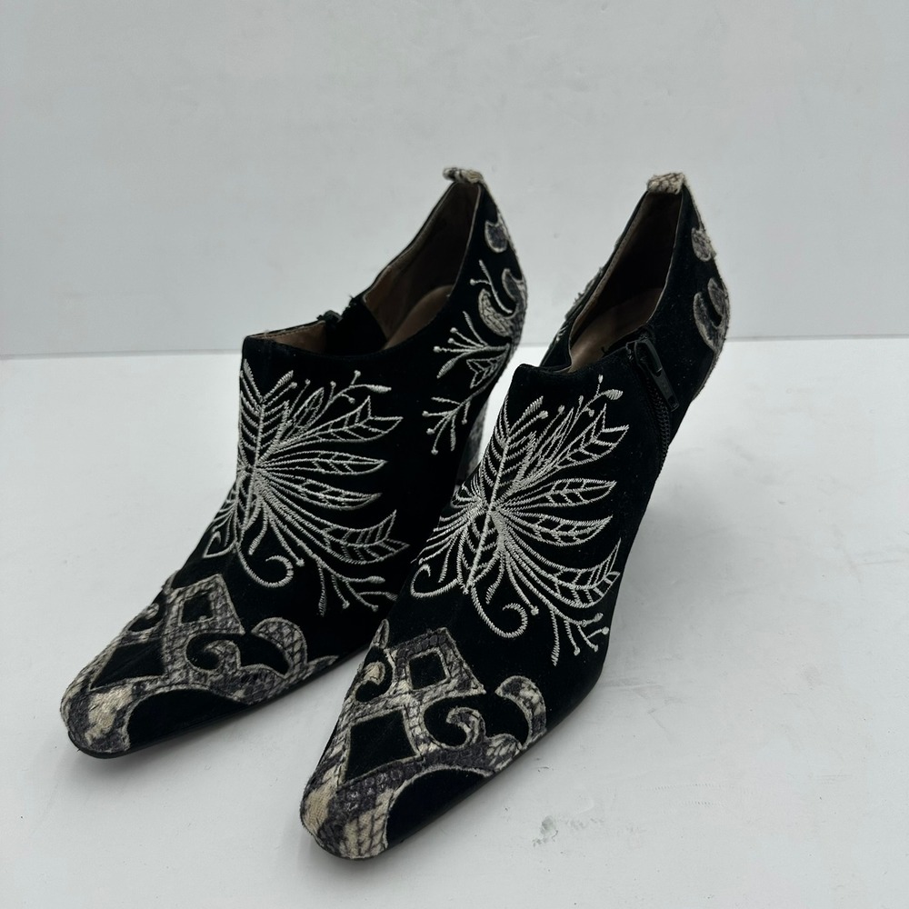 Womens Whimsigoth Black Embroidered Snakeskin Ankle Booties 6.5 Witchy Victorian